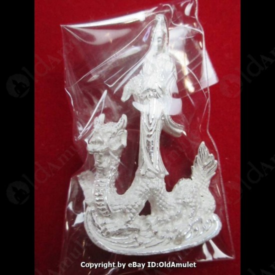 THAI AMULET GUAN YIN GOD OF LOVE RIDE DRAGON SILVER COLOR LP KEY 2556