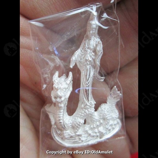 THAI AMULET GUAN YIN GOD OF LOVE RIDE DRAGON SILVER COLOR LP KEY 2556