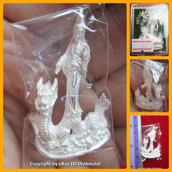 THAI AMULET GUAN YIN GOD OF LOVE RIDE DRAGON SILVER COLOR LP KEY 2556