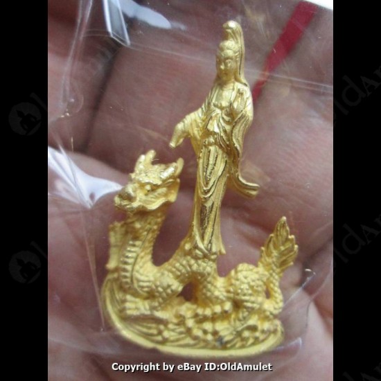 THAI AMULET GUAN YIN GOD OF LOVE RIDE DRAGON GOLD COLOR LP KEY 2556