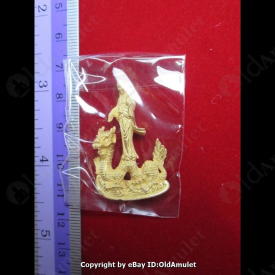 THAI AMULET GUAN YIN GOD OF LOVE RIDE DRAGON GOLD COLOR LP KEY 2556