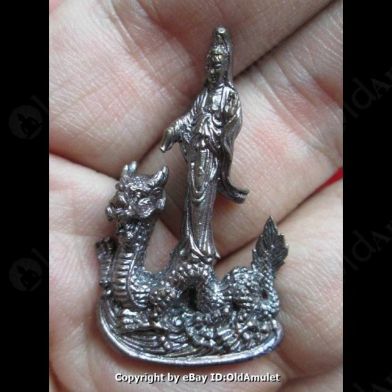 THAI AMULET GUAN YIN GOD OF LOVE RIDE DRAGON BRONZE COLOR LP KEY 2556