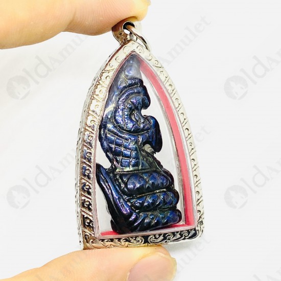 Leklai Natural Stone King Naga Thai Amulet Blue Rainbow Lucky Lp Huan