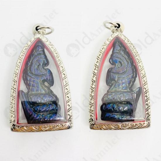 Leklai Natural Stone King Naga Thai Amulet Blue Rainbow Lucky Lp Huan