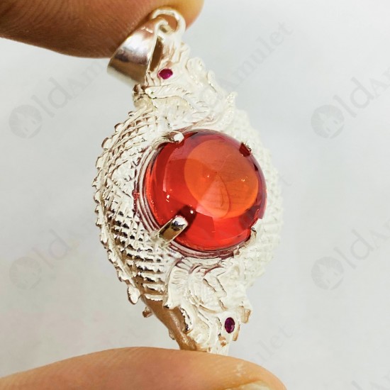 RED Round Naga-eye Thai Amulet Leklai Pendant 925-silver Jewelry 2head