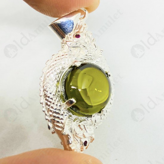 GREEN Round Naga-eye Thai Amulet Leklai Pendant 925-silver Jewelry 2head
