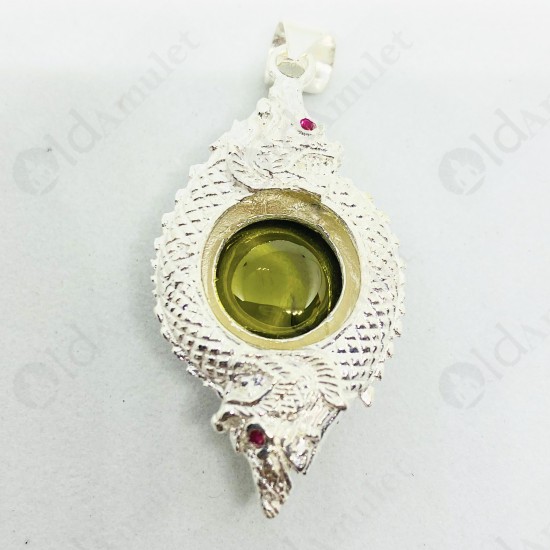 GREEN Round Naga-eye Thai Amulet Leklai Pendant 925-silver Jewelry 2head