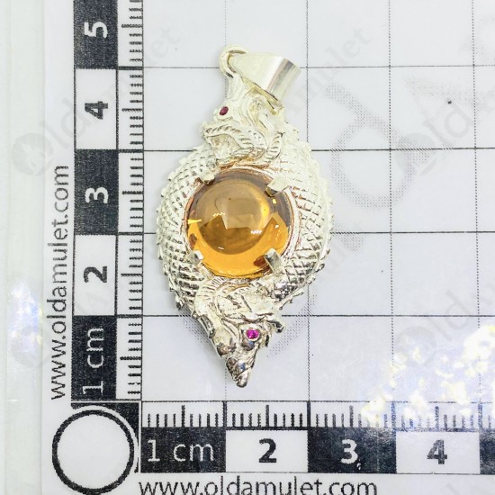 ORANGE Round Naga-eye Thai Amulet Leklai Pendant 925-silver Jewelry 2head