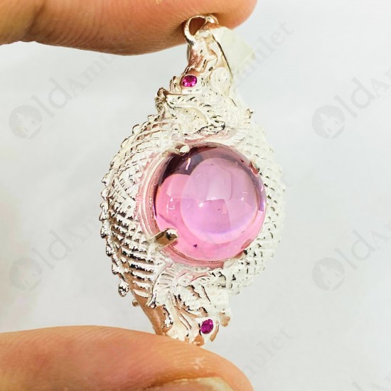 PINK Round Naga-eye Thai Amulet Leklai Pendant 925-silver Jewelry 2head