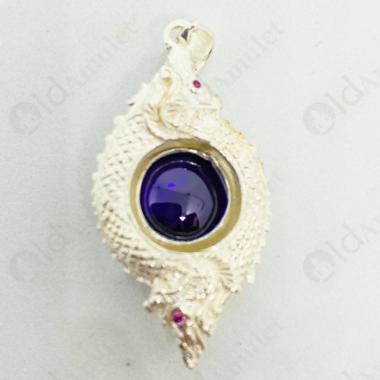 VIOLET Round Naga-eye Thai Amulet Leklai Pendant 925-silver Jewelry 2head