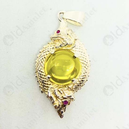 YELLOW Round Naga-eye Thai Amulet Leklai Pendant 925-silver Jewelry 2head