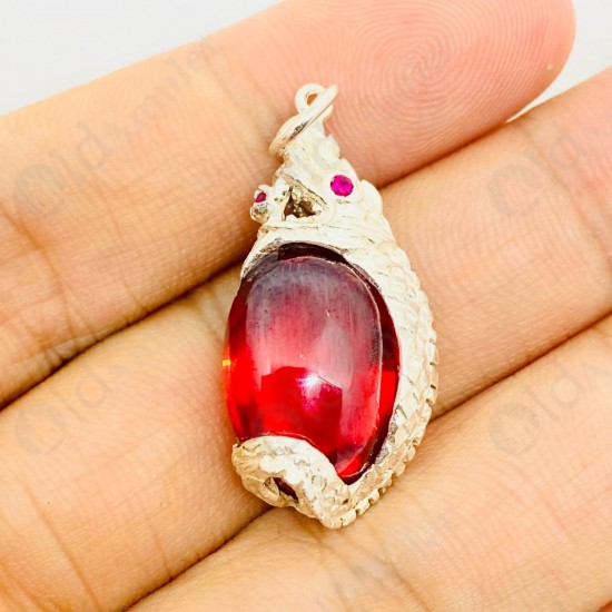 RED Oval Naga-eye Thai Amulet Leklai Keaw Pendant 925-silver Jewelry