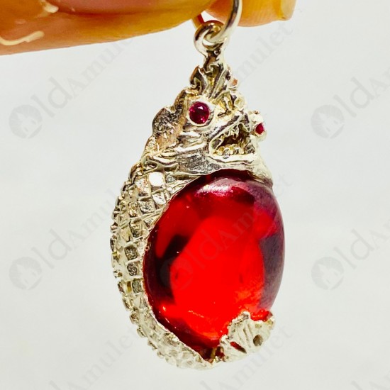 RED Oval Naga-eye Thai Amulet Leklai Keaw Pendant 925-silver Jewelry