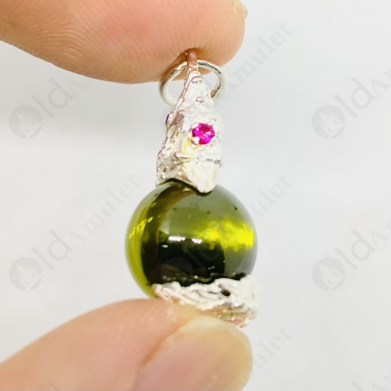 GREEN Ball Naga-eye Thai Amulet Leklai Keaw Pendant 925-silver Jewelry