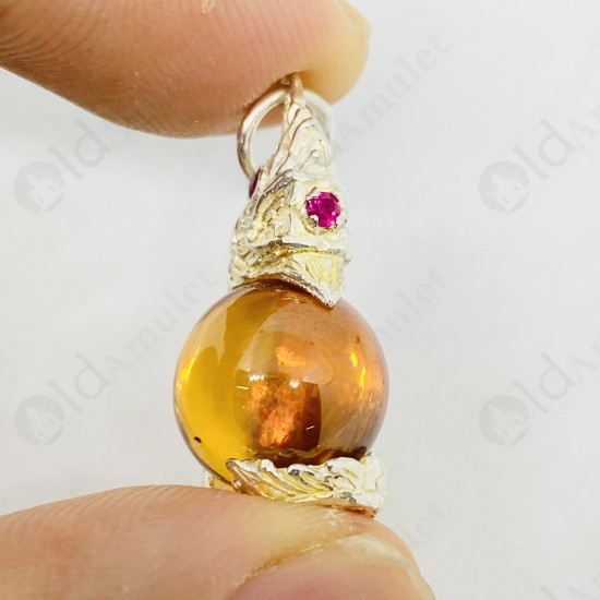 ORANGE Ball Naga-eye Thai Amulet Leklai Keaw Pendant 925-silver Jewelry