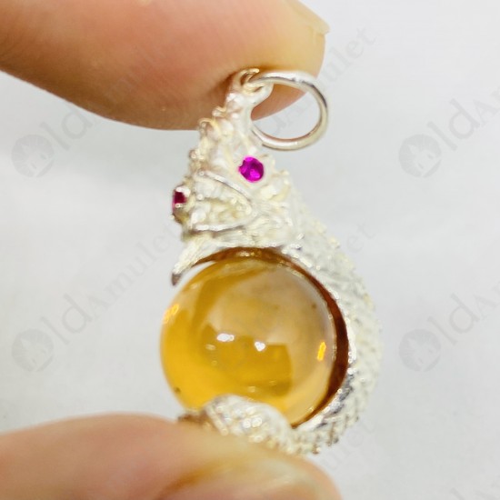 ORANGE Ball Naga-eye Thai Amulet Leklai Keaw Pendant 925-silver Jewelry