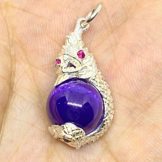 VIOLET Ball Naga-eye Thai Amulet Leklai Keaw Pendant 925-silver Jewelry