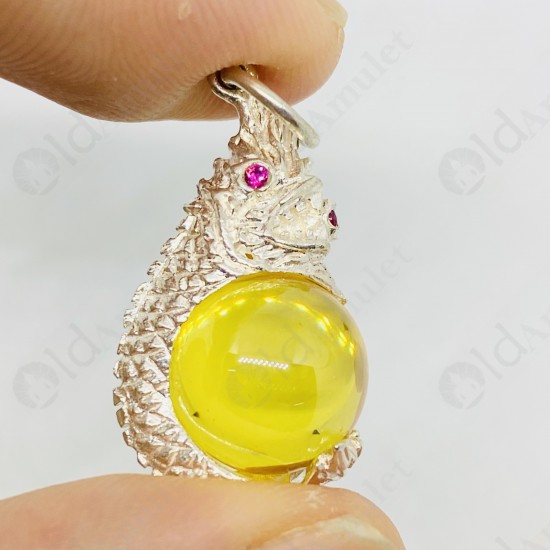 YELLOW Ball Naga-eye Thai Amulet Leklai Keaw Pendant 925-silver Jewelry