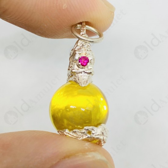 YELLOW Ball Naga-eye Thai Amulet Leklai Keaw Pendant 925-silver Jewelry