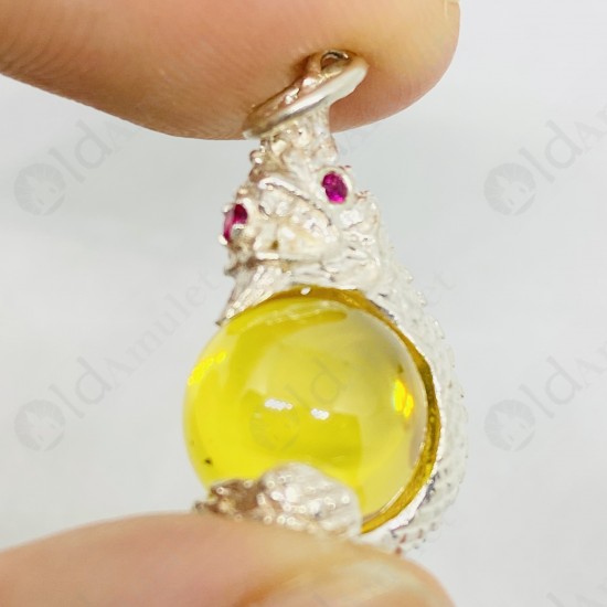 YELLOW Ball Naga-eye Thai Amulet Leklai Keaw Pendant 925-silver Jewelry