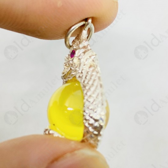 YELLOW Ball Naga-eye Thai Amulet Leklai Keaw Pendant 925-silver Jewelry