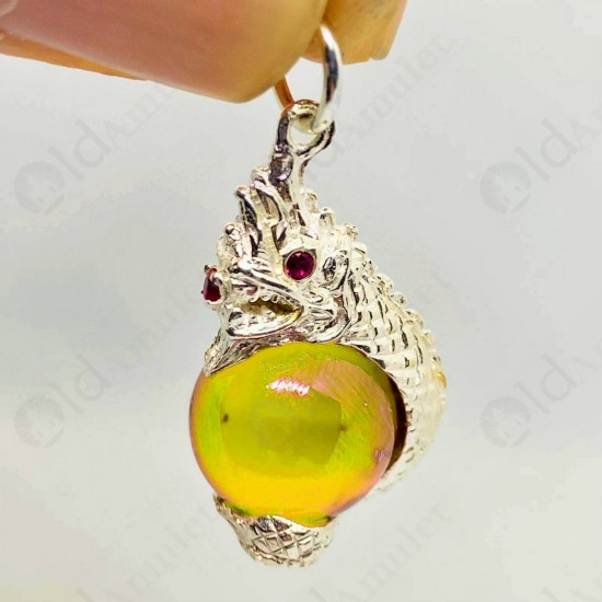 YELLOW Ball Naga-eye Thai Amulet Leklai Keaw Pendant 925-silver Jewelry
