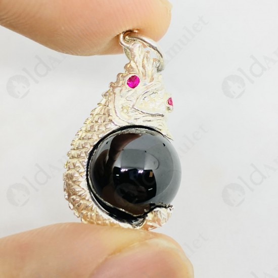 BLACK Ball Naga-eye Thai Amulet Leklai Keaw Pendant 925-silver Jewelry