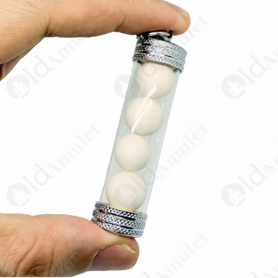 Round White Cave Pearl Thai Amulet Buddha Relics ARAHANT Stone 4Mini Takrud