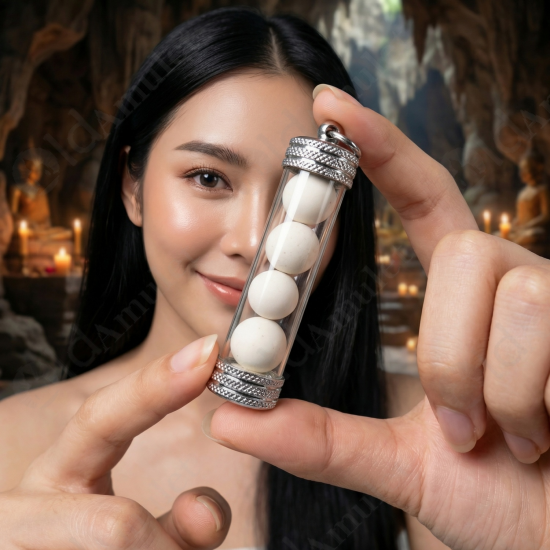 Round White Cave Pearl Thai Amulet Buddha Relics ARAHANT Stone 4Mini Takrud